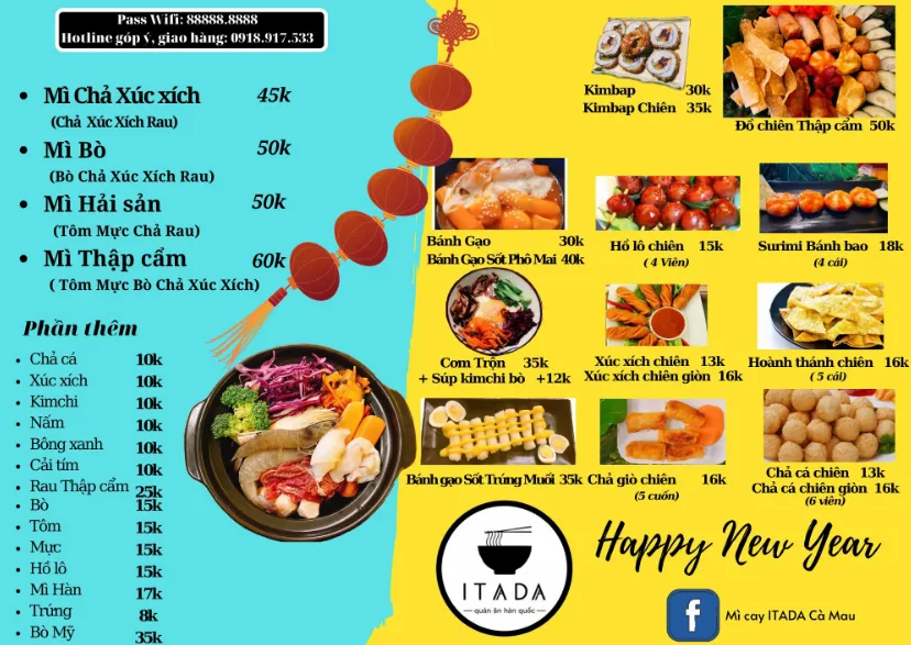 Menu Mì cay ITADA Cà Mau mới nhất