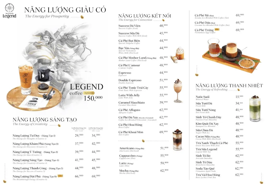 Menu cà phê tại Trung Nguyên Legend Cà Mau