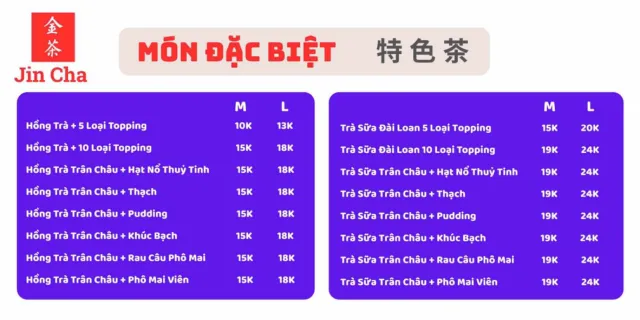 Menu món đặc biệt tại Jin Cha Cà Mau