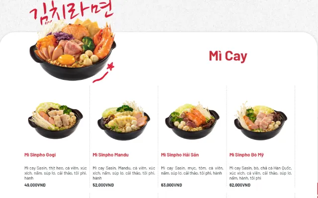 Menu mì cay SaSin Cà Mau