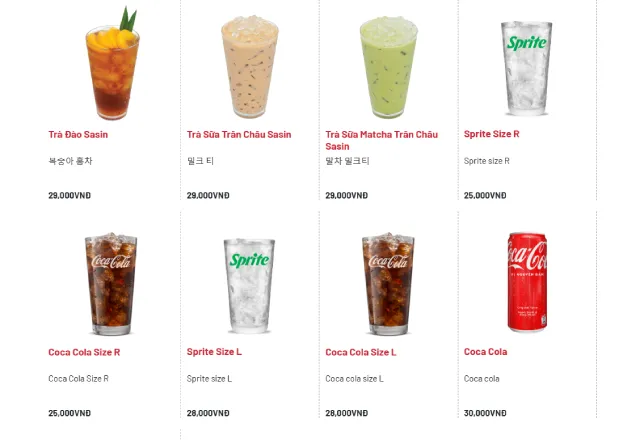 Menu nước giải khát tại SaSin Cà Mau 